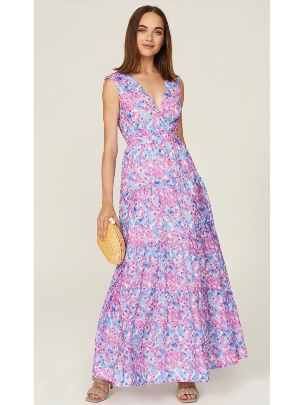 Nicholas Floral Maxi Dress with Cutout Waist in Purple and Pink size 6